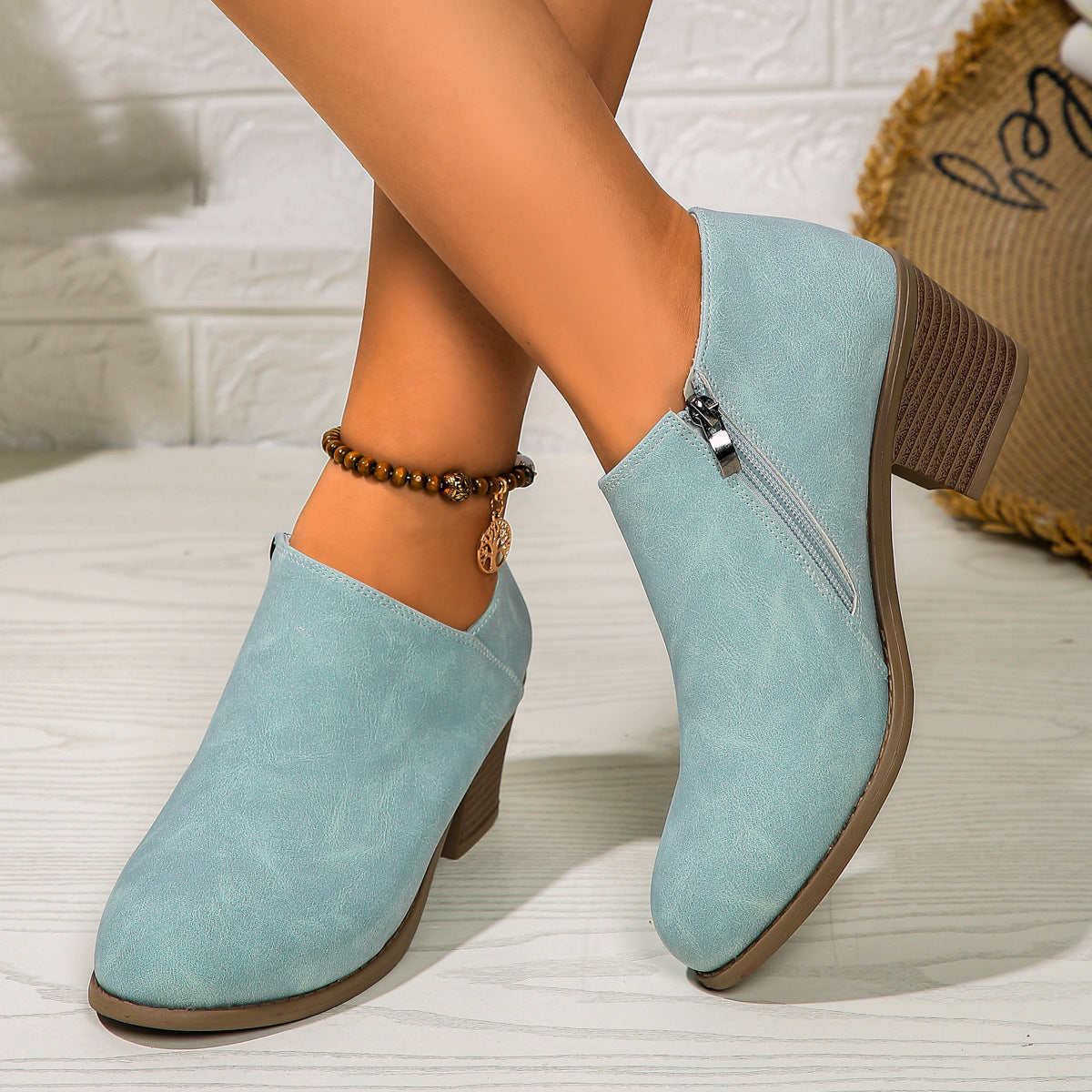 Harper Suede Booties in Light Blue – front view