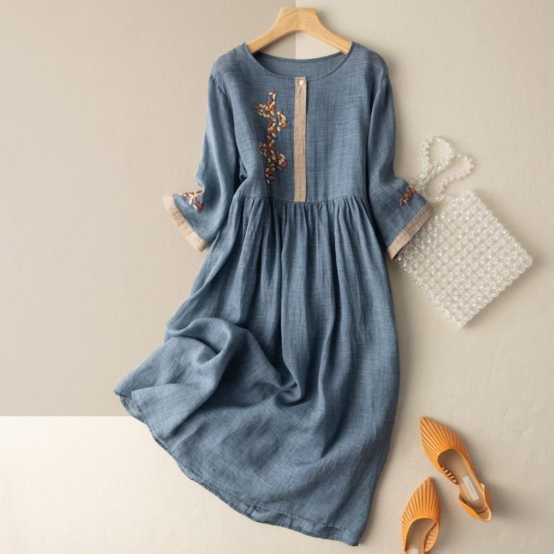 Cecilia Linen Dress in Light Blue — embroidered floral midi with bell sleeves
