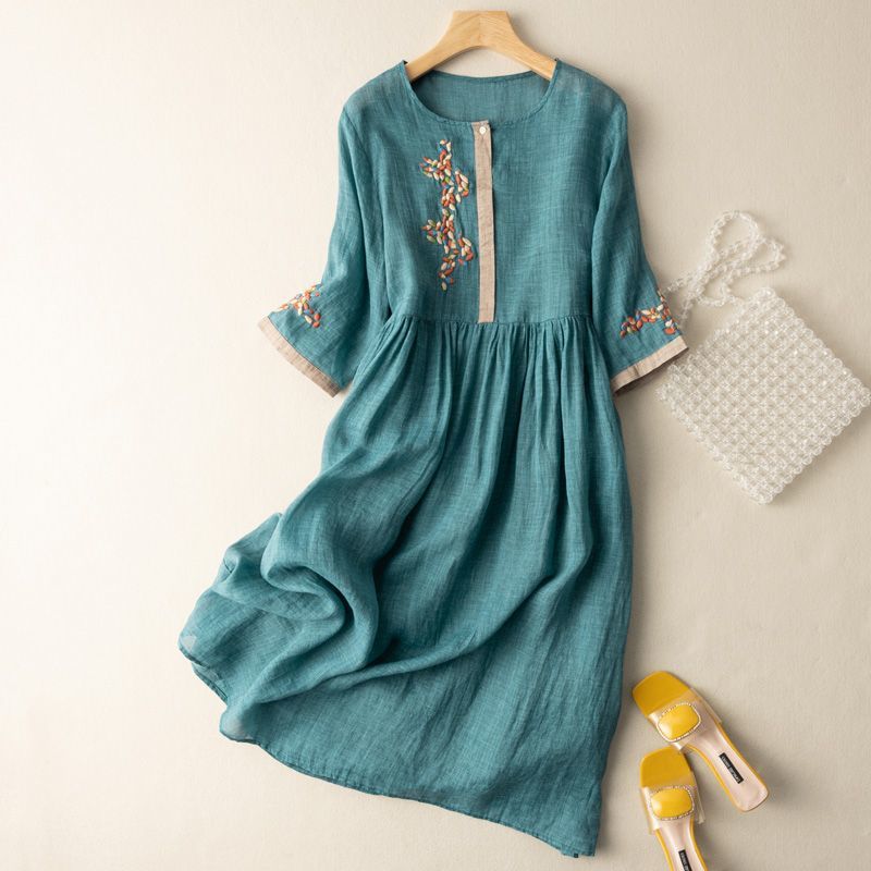Cecilia Linen Dress in Teal — embroidered floral midi with bell sleeves