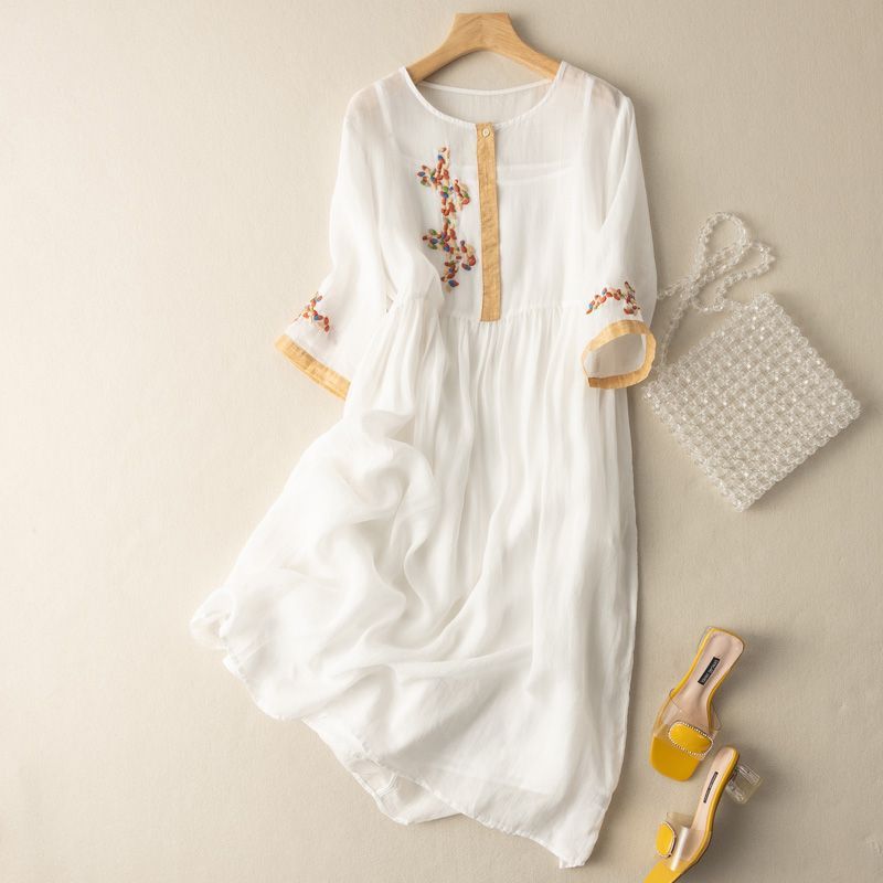 Cecilia Linen Dress in White — embroidered floral midi with bell sleeves