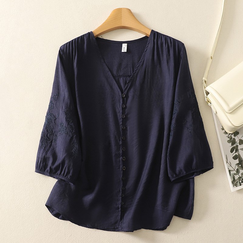 Bianca Linen Blouse in Navy — embroidered floral sleeves with V-neck