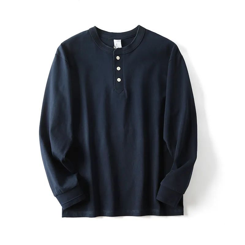 Roman Henley Shirt in Navy — premium midweight cotton with 3-button placket