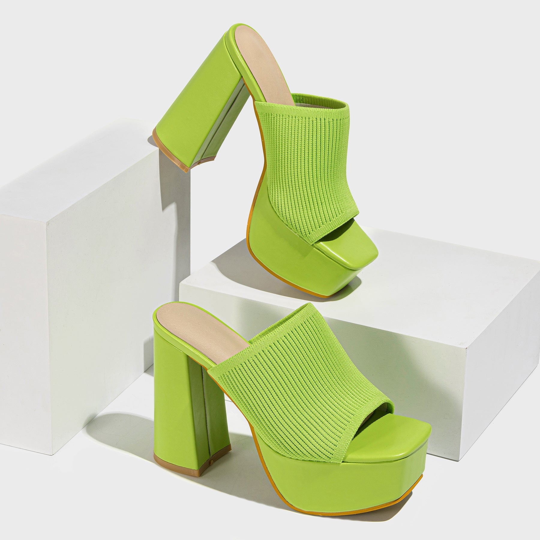 Romina Knit Heels in Lime — open-toe platform mule