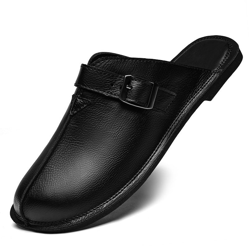 Cesare Buckle Mules in Black — Men's leather backless slip-on mule