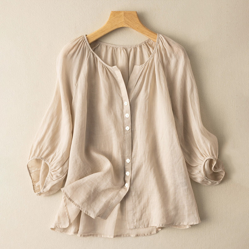 Camille Linen Blouse in Beige — Women's puff-sleeve V-neck linen blouse