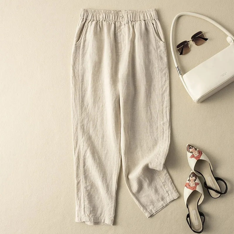 Allegra Linen Pants in Beige — Women's cropped linen pants with button-fly waist