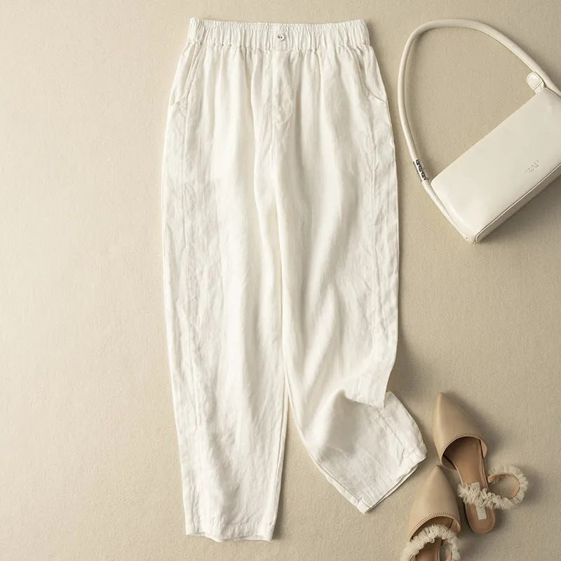 Allegra Linen Pants in White — Women's cropped linen pants with button-fly waist