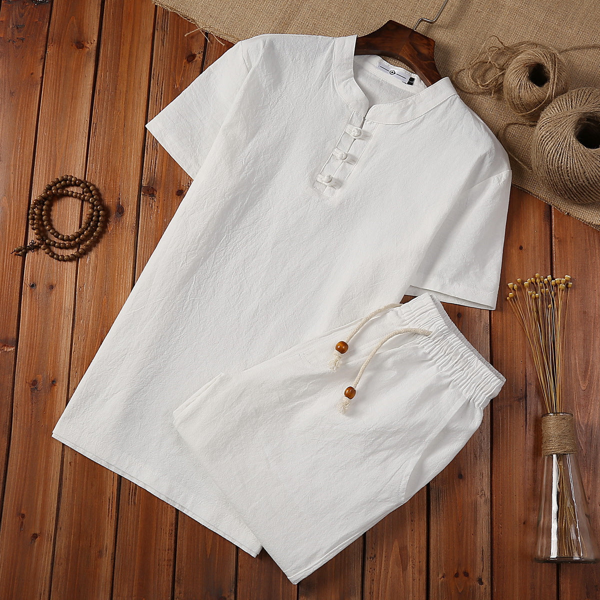 Leandro Linen Set in White — Men's mandarin-collar linen henley and drawstring shorts set