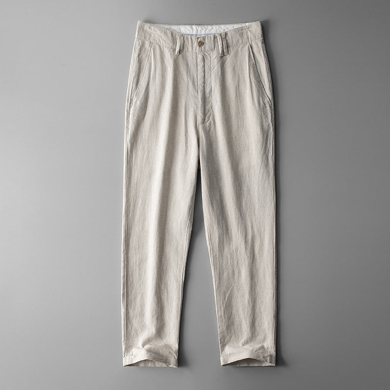 Matteo Linen Pants in Khaki — elastic waist straight-leg
