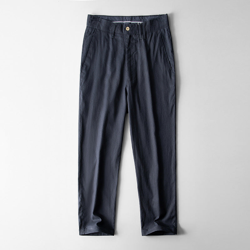 Matteo Linen Pants in Navy — elastic waist straight-leg