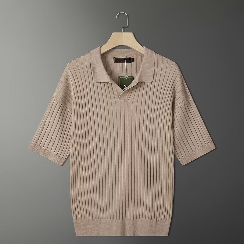 Dario Knit Polo in Khaki — Men's ribbed short-sleeve polo