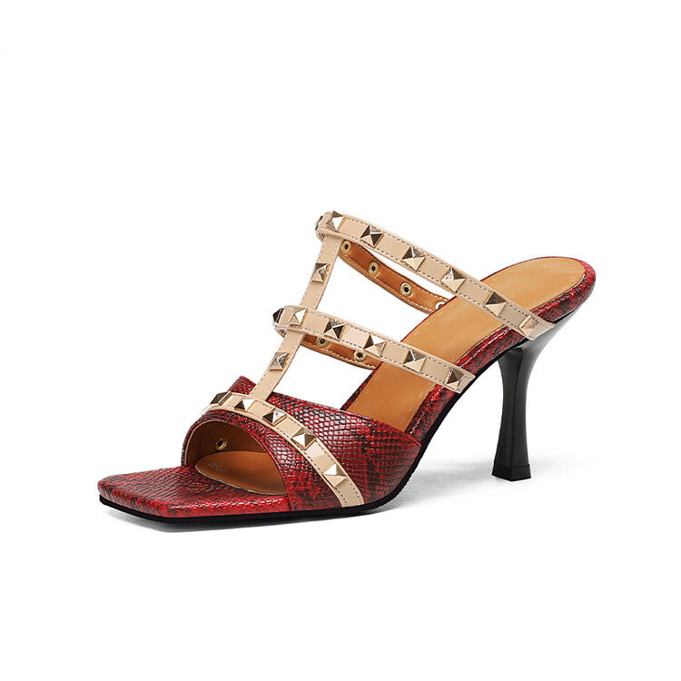 Serafina Heels in Red — Women's snake-print T-strap stud mule heels