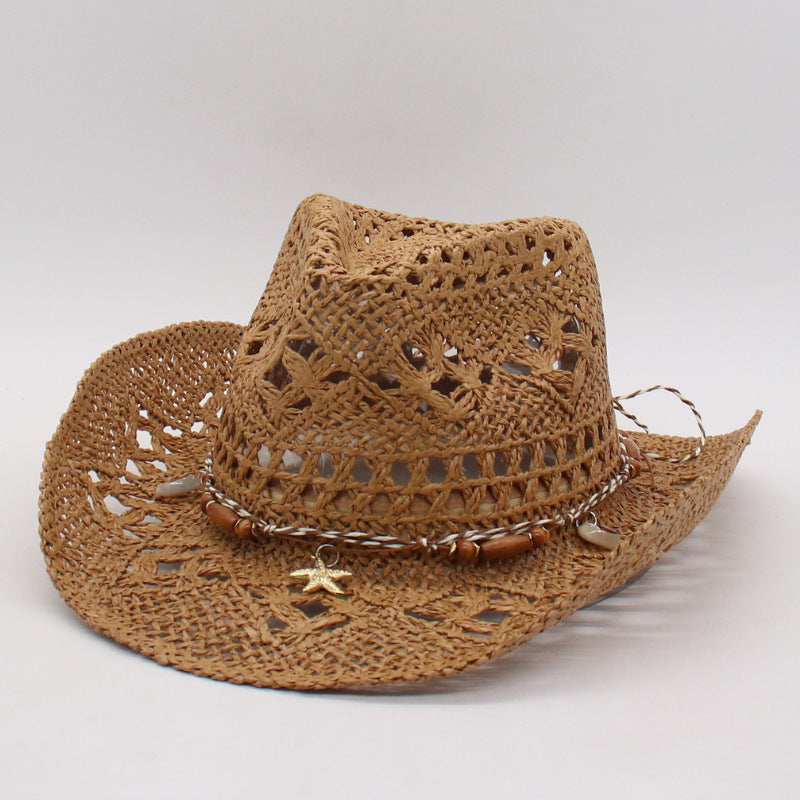 Margot Crochet Hat in Tan — beaded leather band