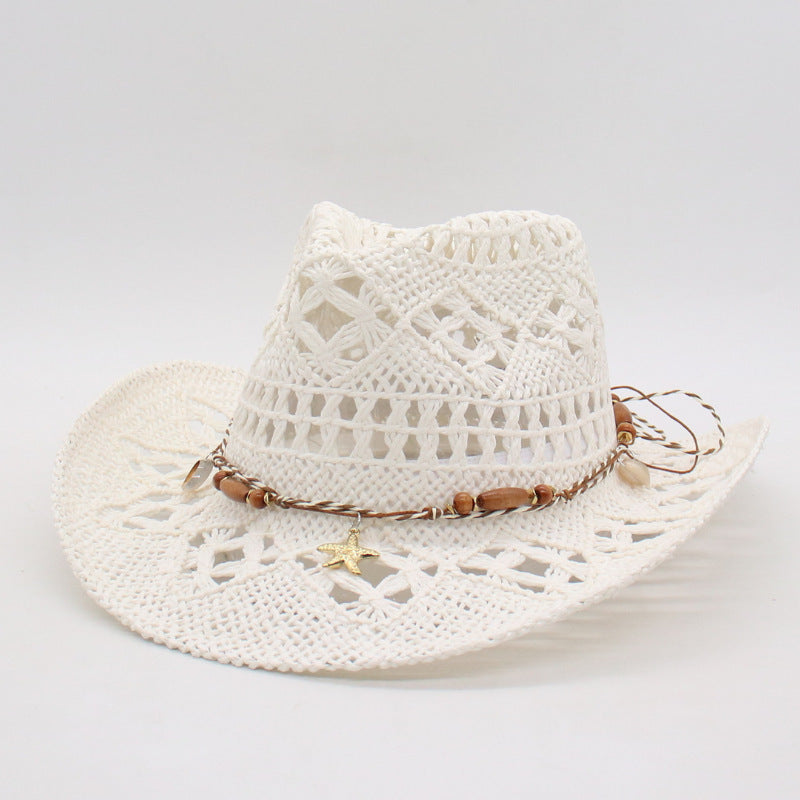 Margot Crochet Hat in White — beaded leather band