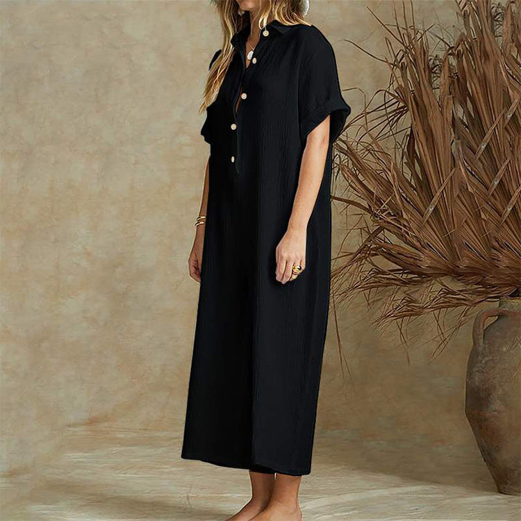 Fiorella Linen Jumpsuit in Black — collared button-up wide-leg one-piece