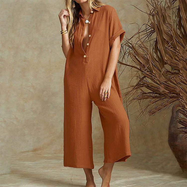 Fiorella Linen Jumpsuit in Brown — collared button-up wide-leg one-piece