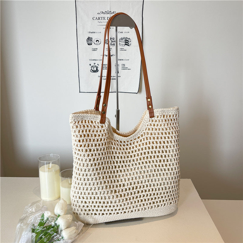 Coraline Woven Tote in Ivory — open-weave with leather handles