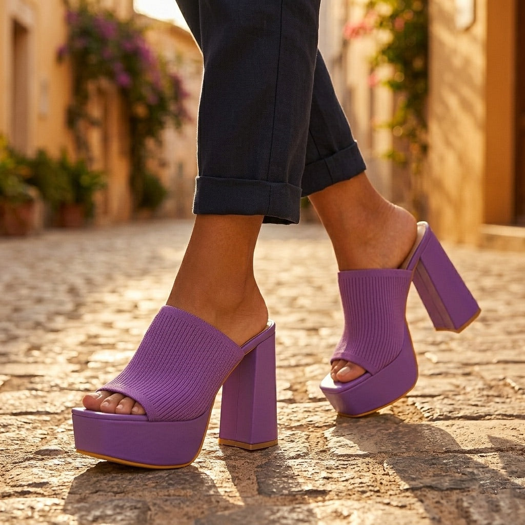 Valentina Platform Mules — knit platform mule heel detail view