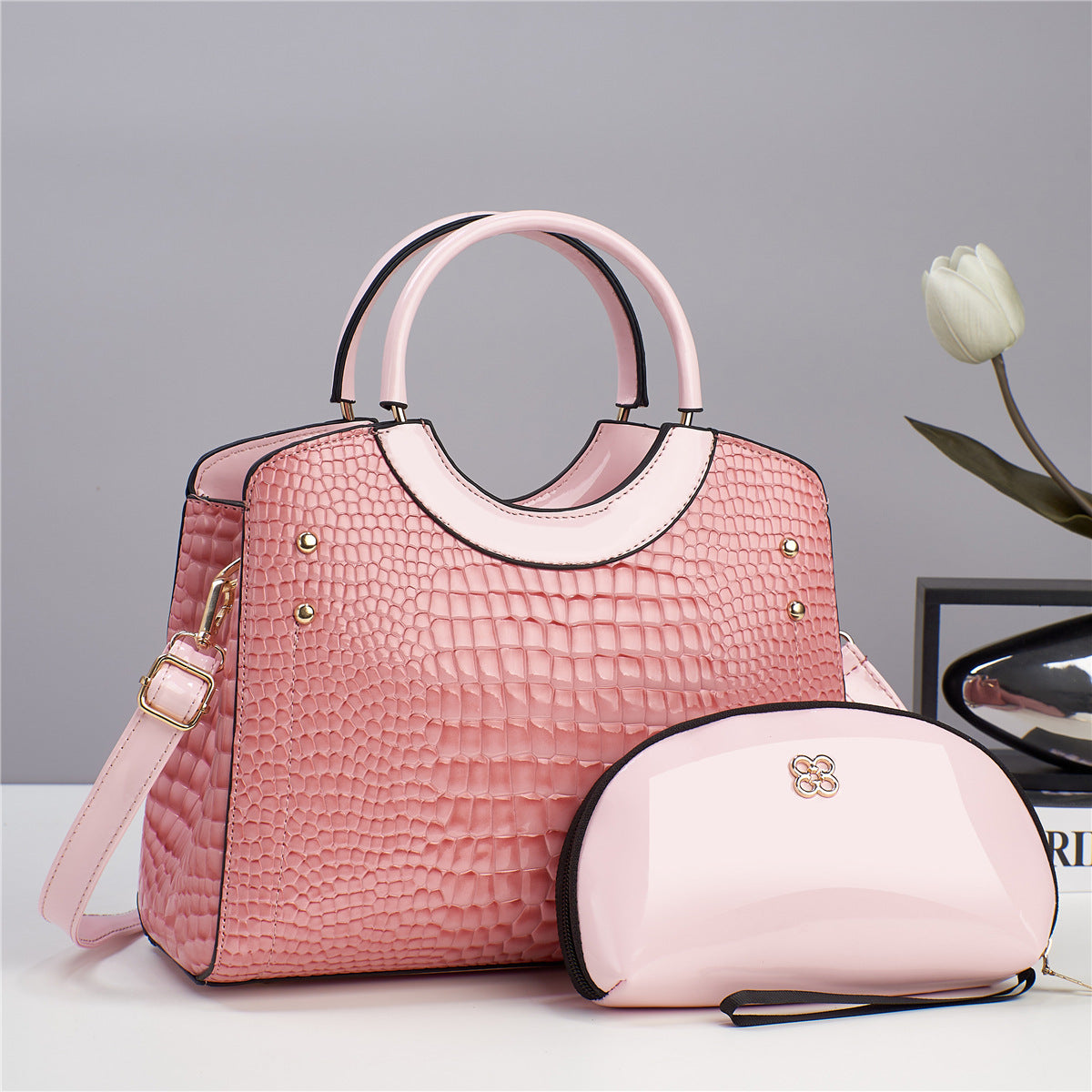 Rosa Croc Handbag in Pink – front view