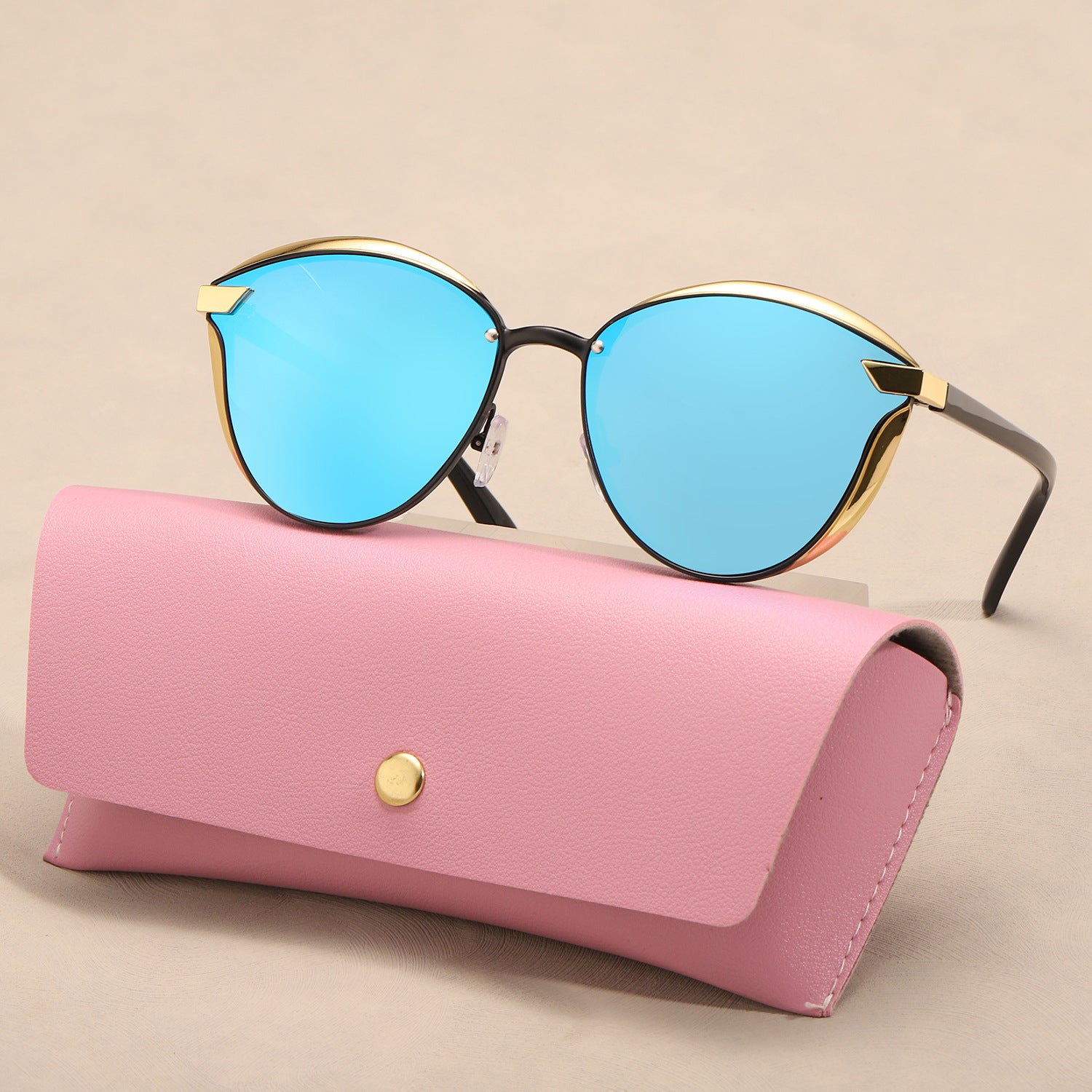 Yasmine Cat-Eye Sunglasses in Blue — gold-tone metal trim with mirrored lenses