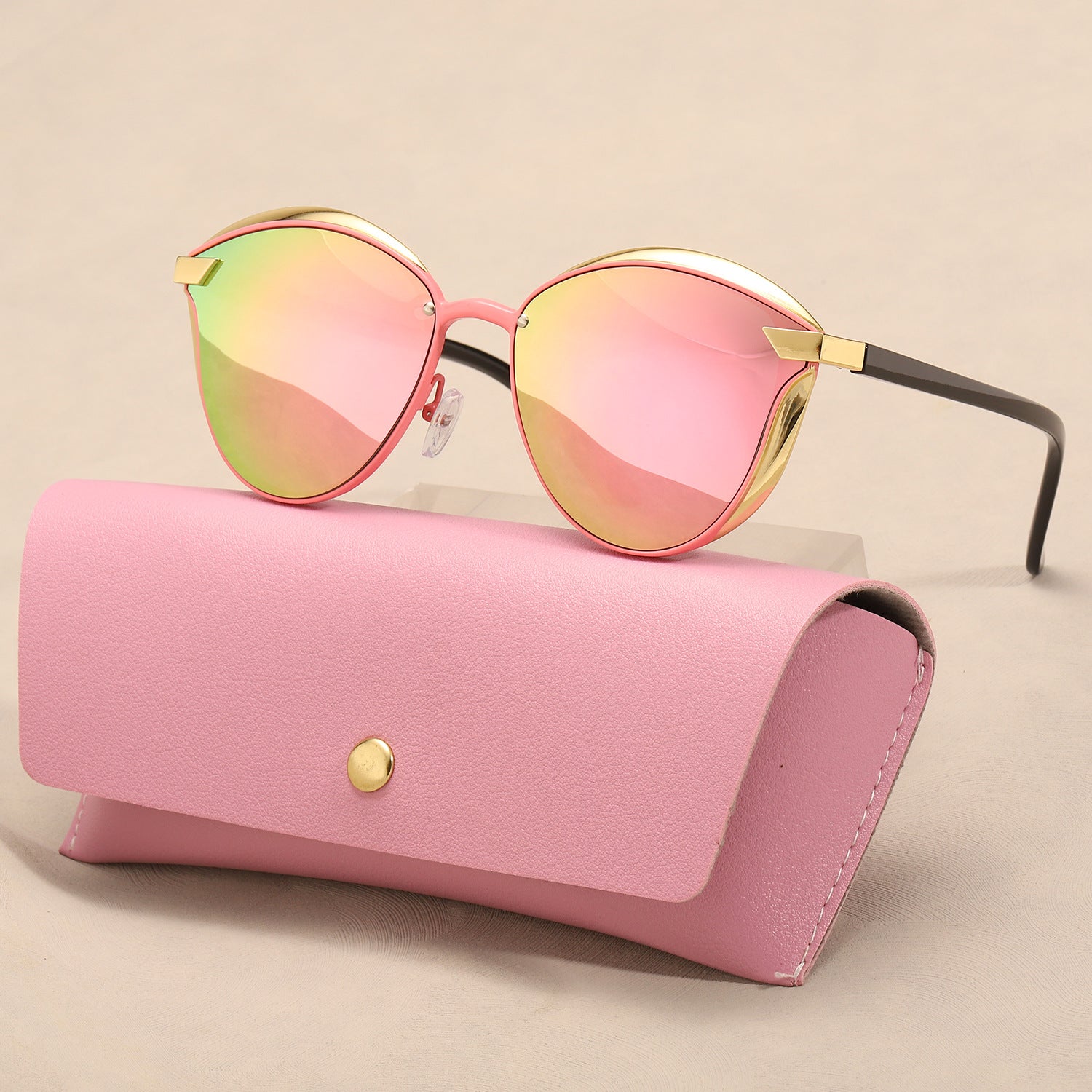 Yasmine Cat-Eye Sunglasses in Pink — gold-tone metal trim with mirrored lenses