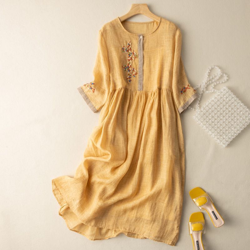 Cecilia Linen Dress in Yellow — embroidered floral midi with bell sleeves