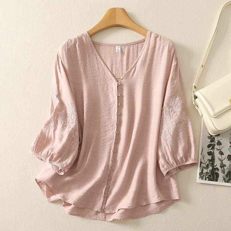 Bianca Linen Blouse in Pink — embroidered floral sleeves with V-neck