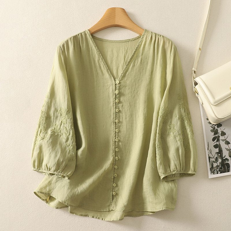 Bianca Linen Blouse in Sage — embroidered floral sleeves with V-neck