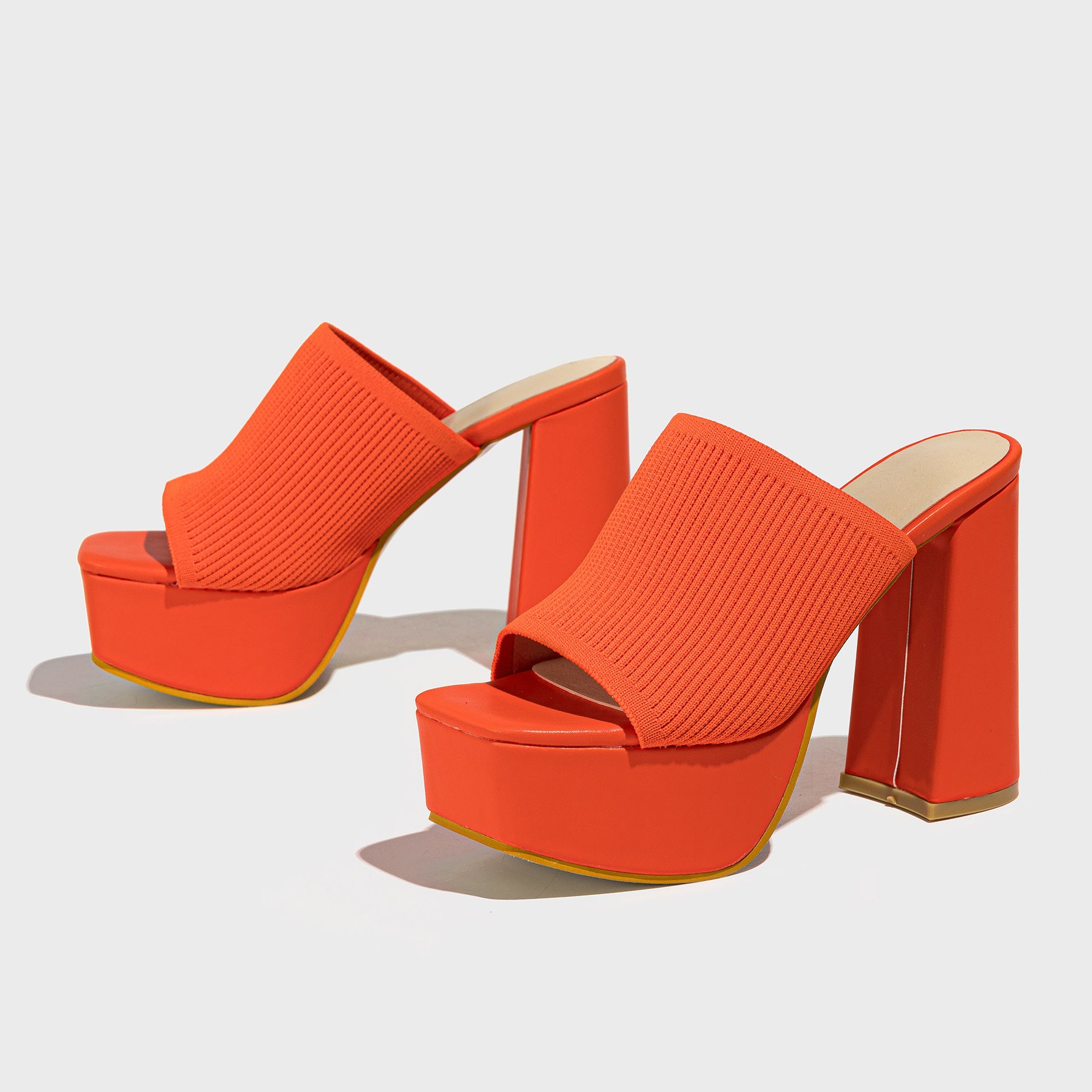 Romina Knit Heels in Orange — open-toe platform mule