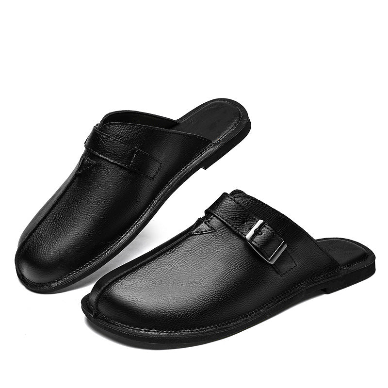 Cesare Buckle Mules in Black — pair view of men's leather backless slip-on mule