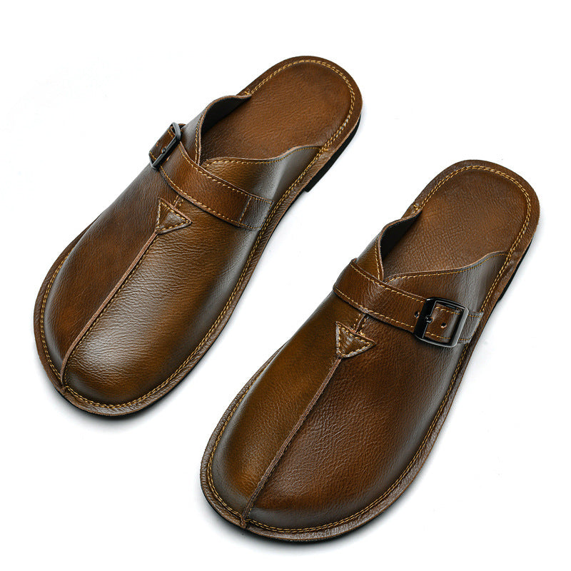 Cesare Buckle Mules in Brown — pair view of men's leather backless slip-on mule