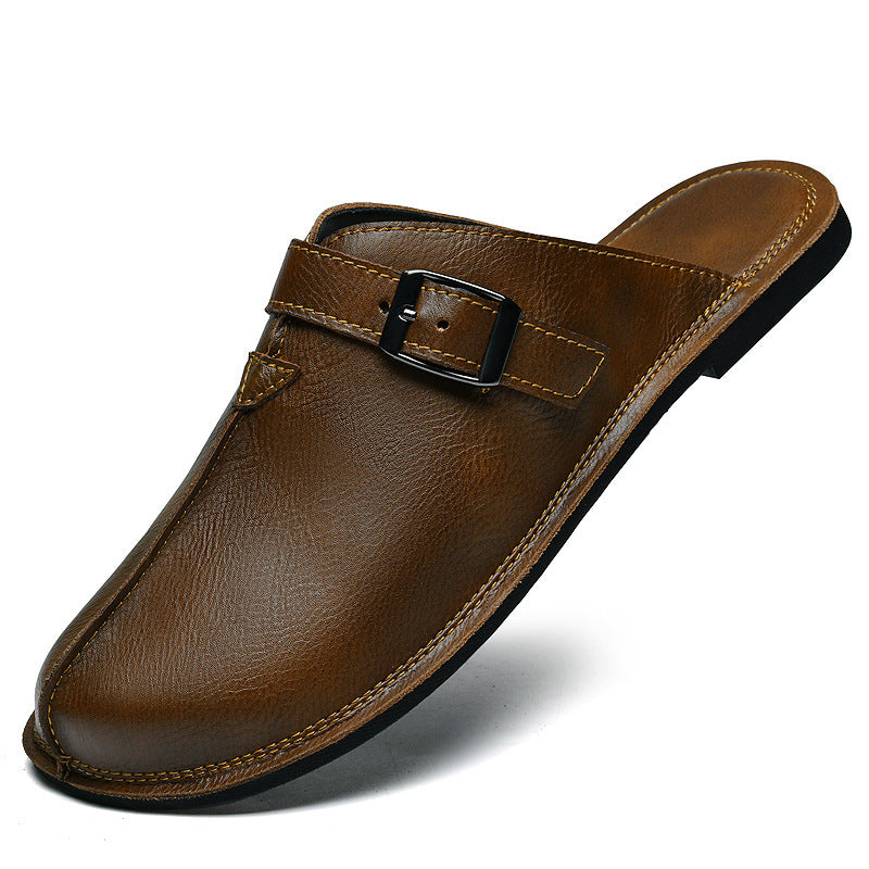 Cesare Buckle Mules in Brown — Men's leather backless slip-on mule