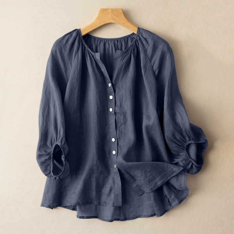 Camille Linen Blouse in Navy Blue — Women's puff-sleeve V-neck linen blouse