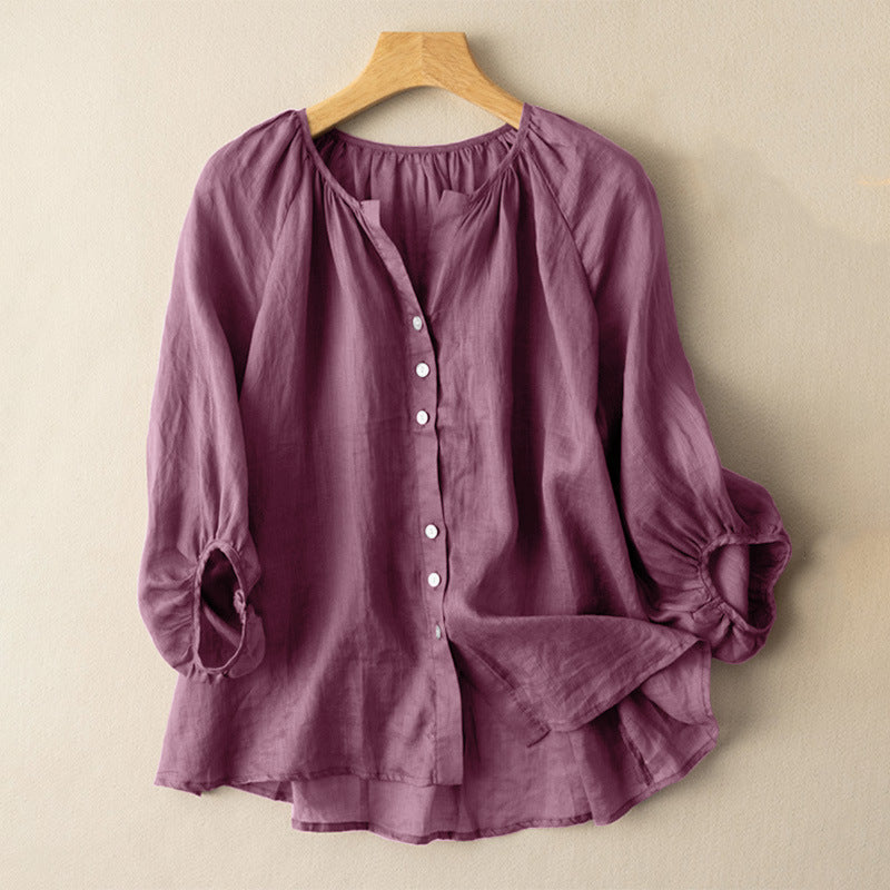 Camille Linen Blouse in Purple — Women's puff-sleeve V-neck linen blouse