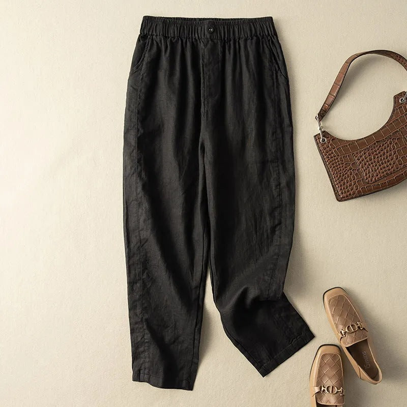 Allegra Linen Pants in Black — Women's cropped linen pants with button-fly waist