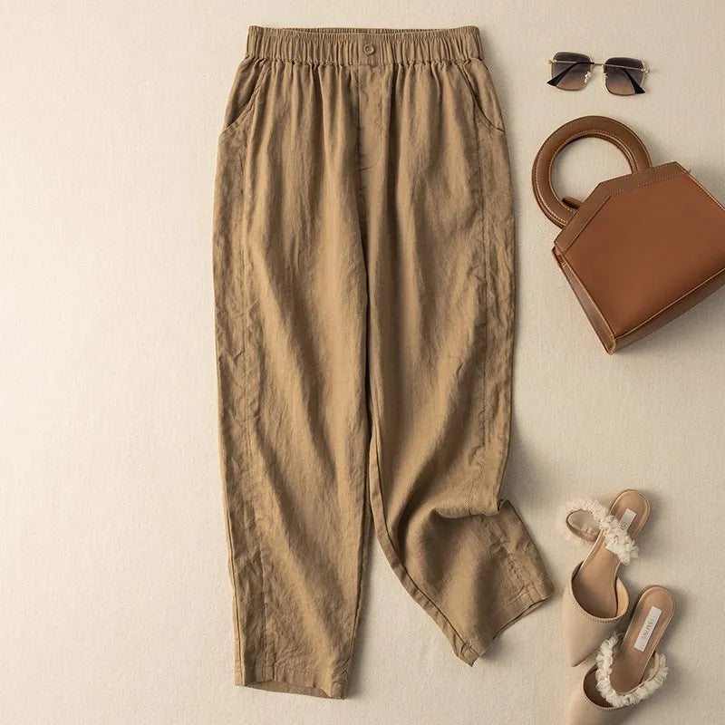 Allegra Linen Pants in Khaki — Women's cropped linen pants with button-fly waist