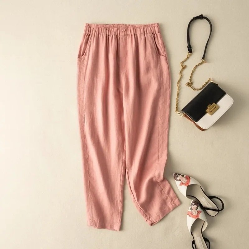 Allegra Linen Pants in Pink — Women's cropped linen pants with button-fly waist