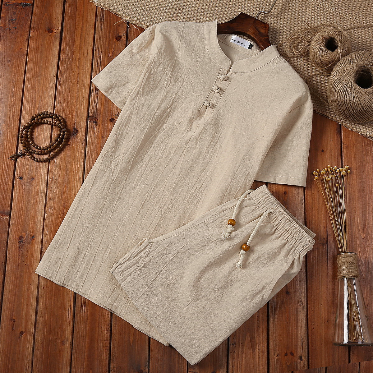 Leandro Linen Set in Beige — Men's mandarin-collar linen henley and drawstring shorts set