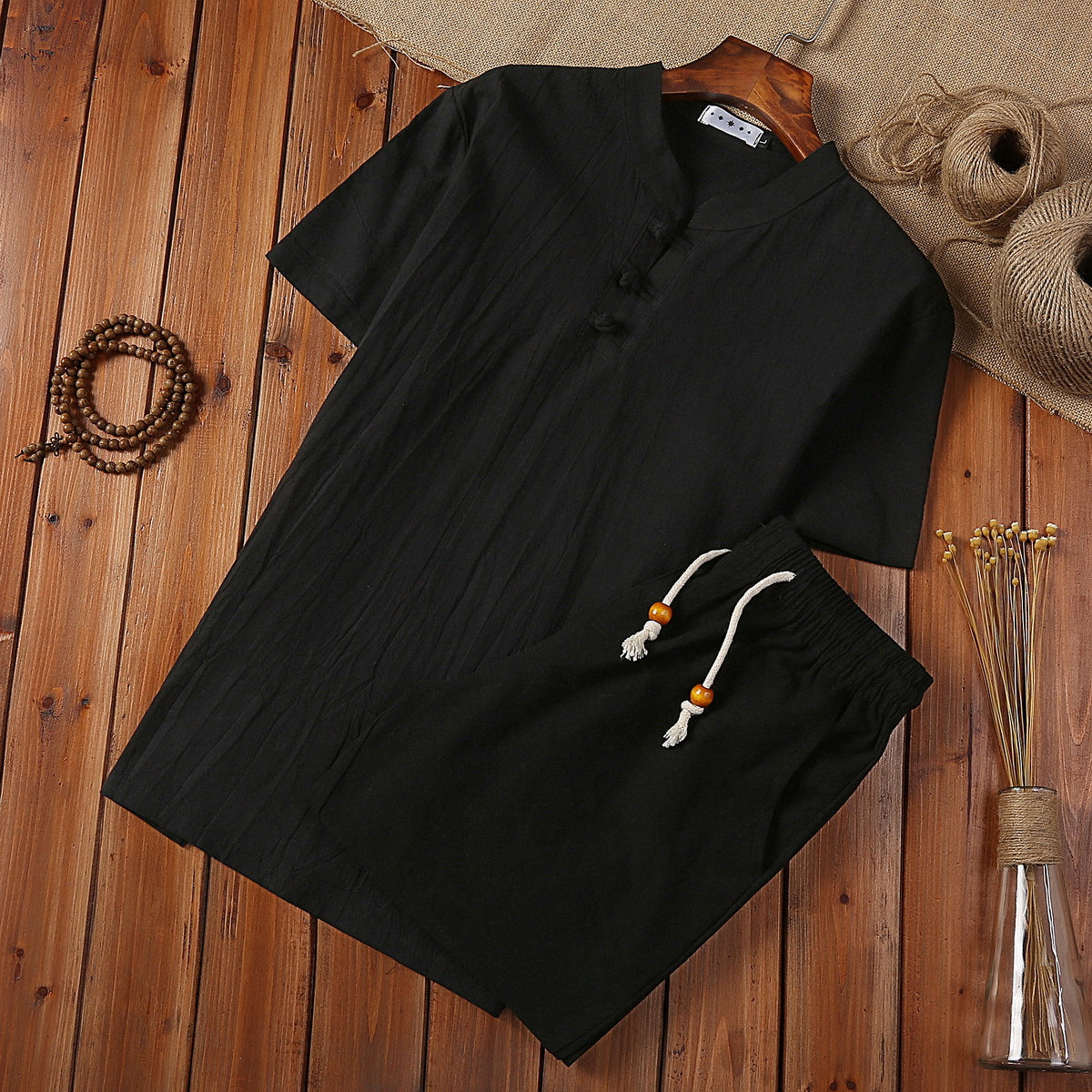 Leandro Linen Set in Black — Men's mandarin-collar linen henley and drawstring shorts set