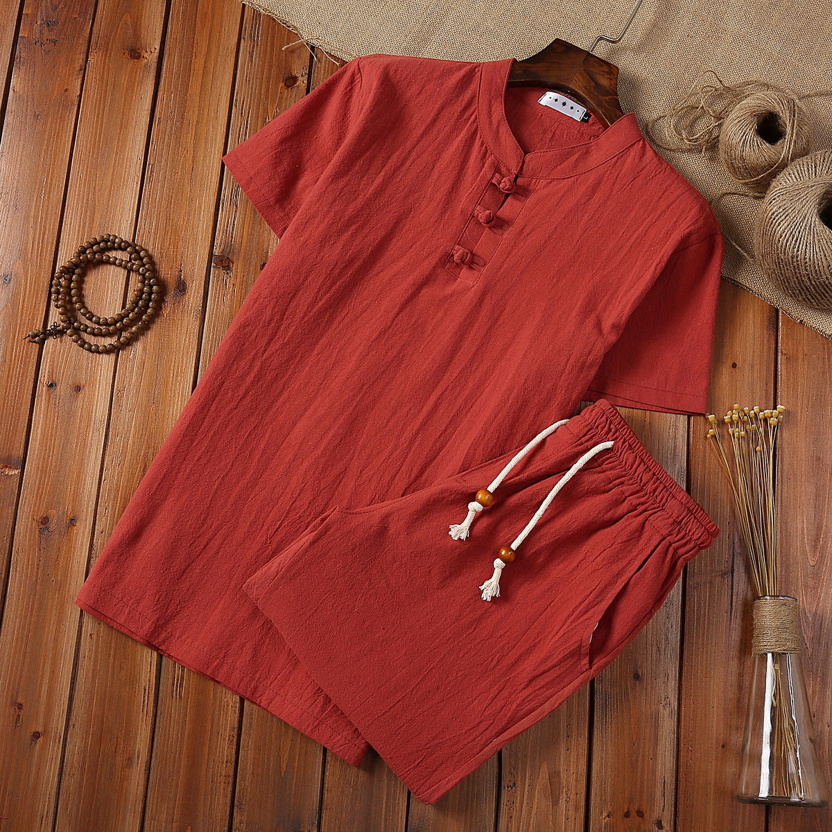 Leandro Linen Set in Red — Men's mandarin-collar linen henley and drawstring shorts set