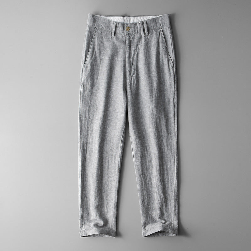 Matteo Linen Pants in Grey — elastic waist straight-leg