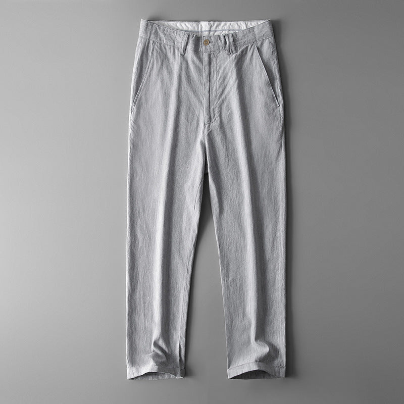 Matteo Linen Pants in Light Grey — elastic waist straight-leg