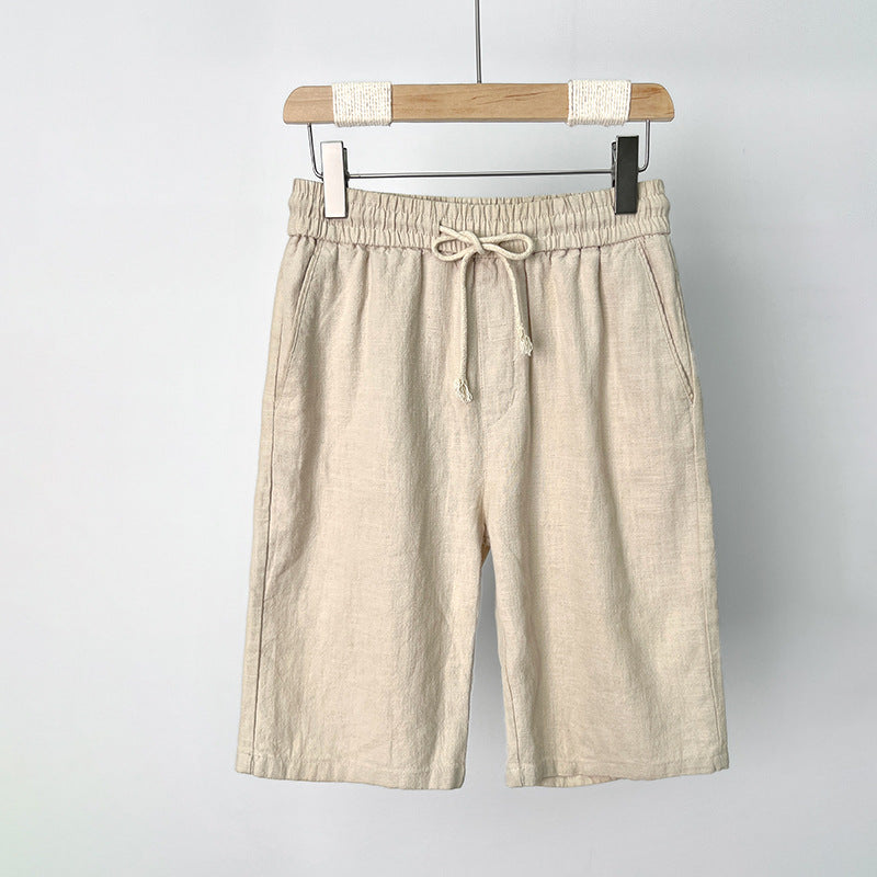 Salvatore Linen Shorts in Beige — drawstring waist
