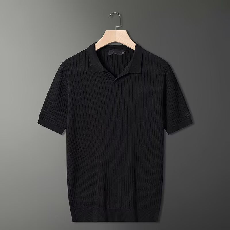 Dario Knit Polo in Black — Men's ribbed short-sleeve polo