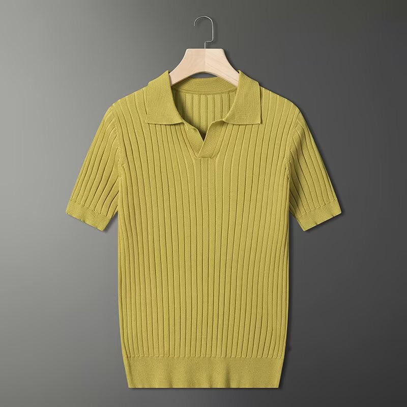 Dario Knit Polo in Yellow — Men's ribbed short-sleeve polo