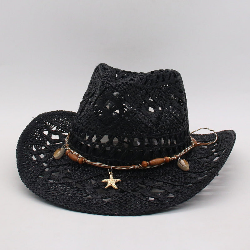 Margot Crochet Hat in Black — beaded leather band