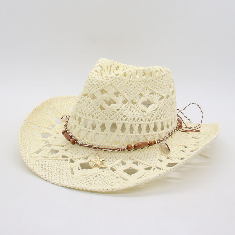 Margot Crochet Hat in Cream — beaded leather band