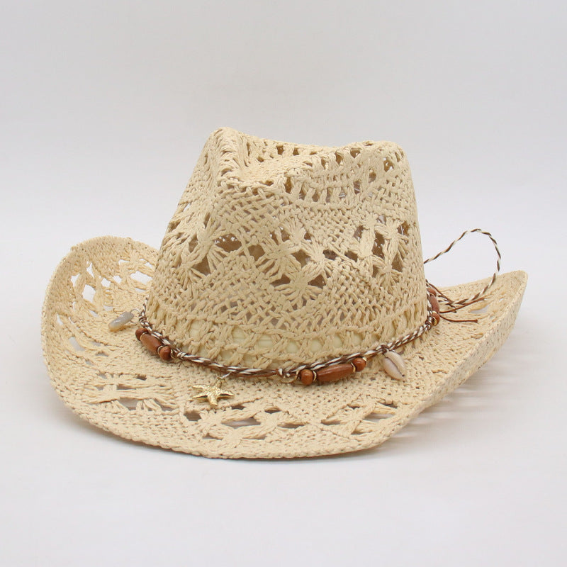 Margot Crochet Hat in Natural — beaded leather band