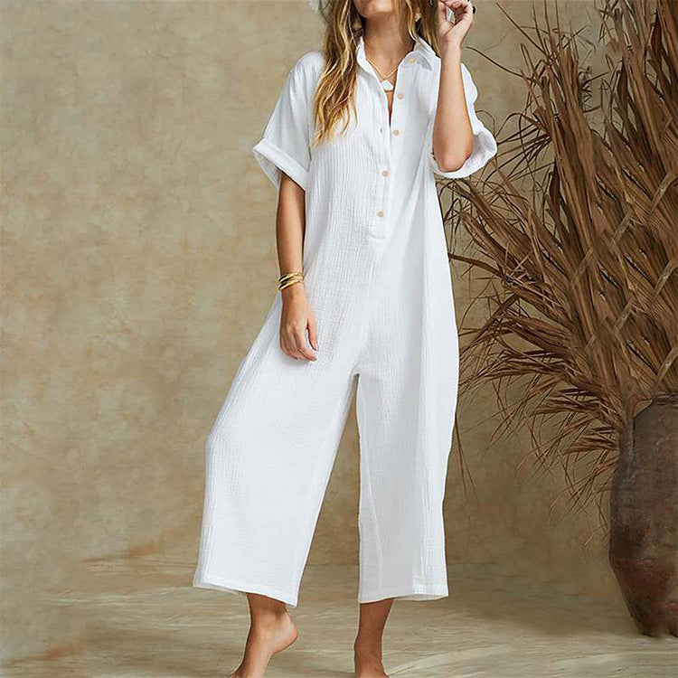 Fiorella Linen Jumpsuit in White — collared button-up wide-leg one-piece