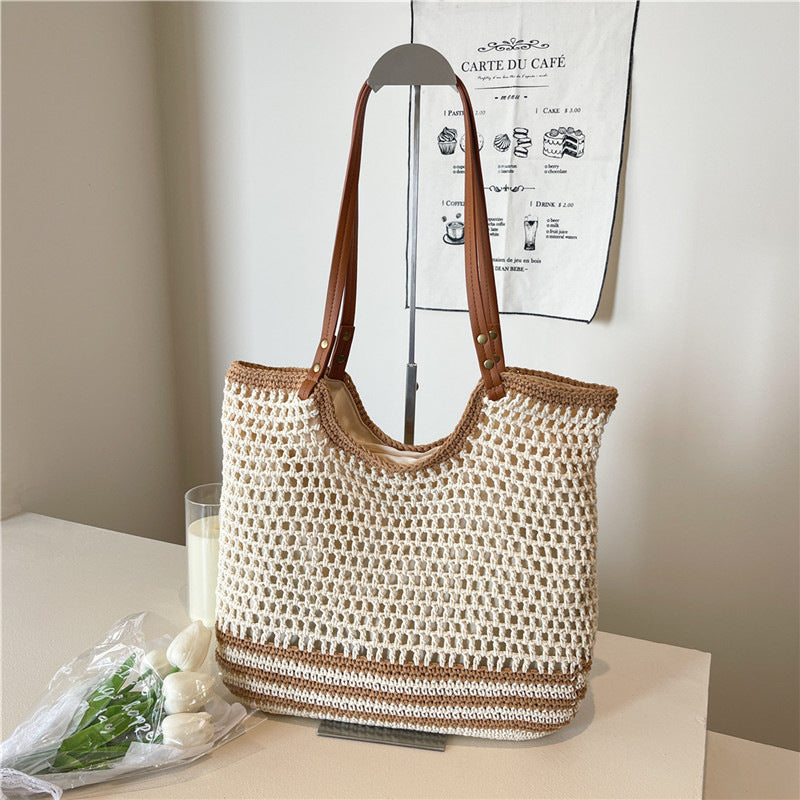Coraline Woven Tote in Striped — open-weave with leather handles
